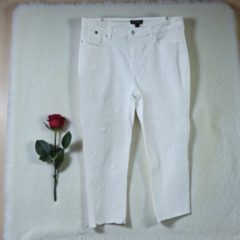 Renuar White Cropped Jeans Size 10 Raw Hem Embroidered Hearts Stretch Denim